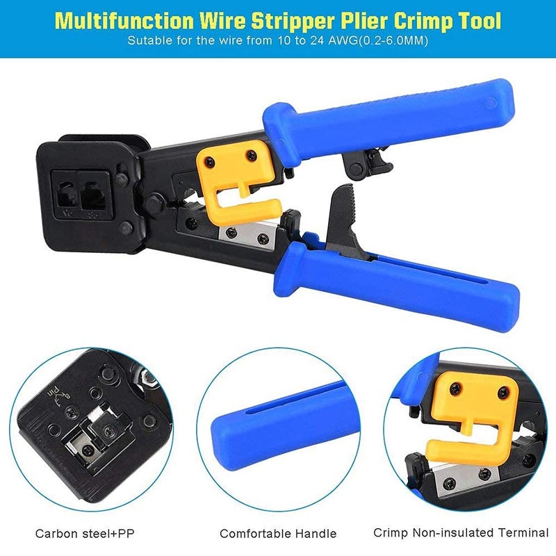 PETECHTOOL أداة تجعيد RJ45 لأداة تجعيد إيثرنت لـ Cat6 Cat5 Cat5e RJ45 تمر عبر الموصلات ونهايات RJ12 تأتي مع 20 قطعة موصلات RJ45 Cat6 وشفرة بديلة - Image 3